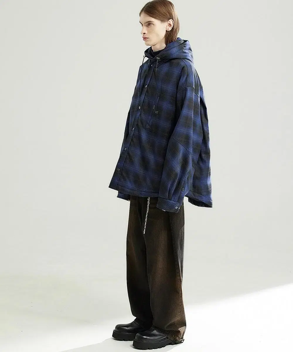 [1] Alene navy checked shirt hooded padded jacket