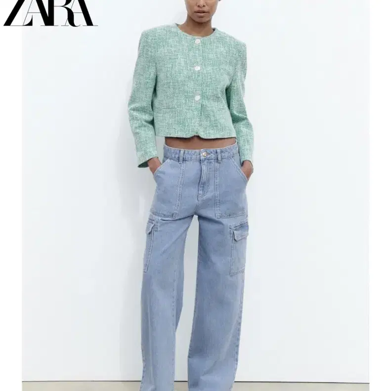 새상품S) ZARA 자라 트위드 크롭 노카라자켓 숏자켓 / mint