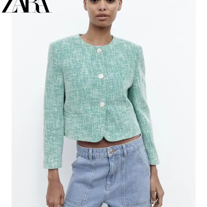 새상품S) ZARA 자라 트위드 크롭 노카라자켓 숏자켓 / mint