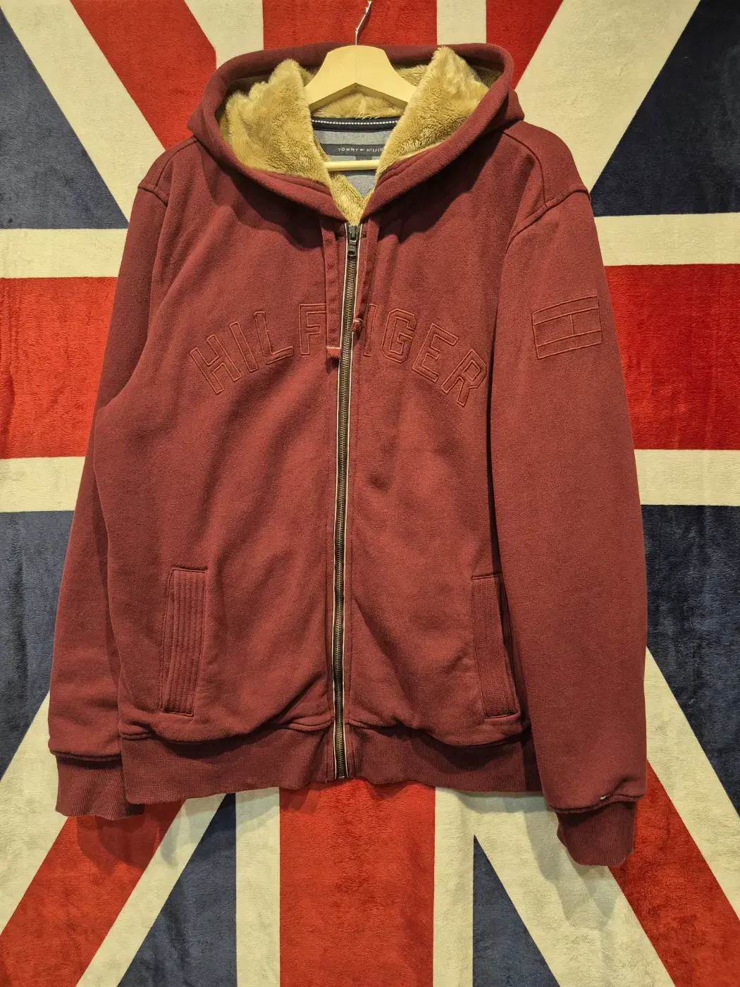 [L] Tommy Hilfiger Fleece Colorblocked Hooded Zip-up Burgundy