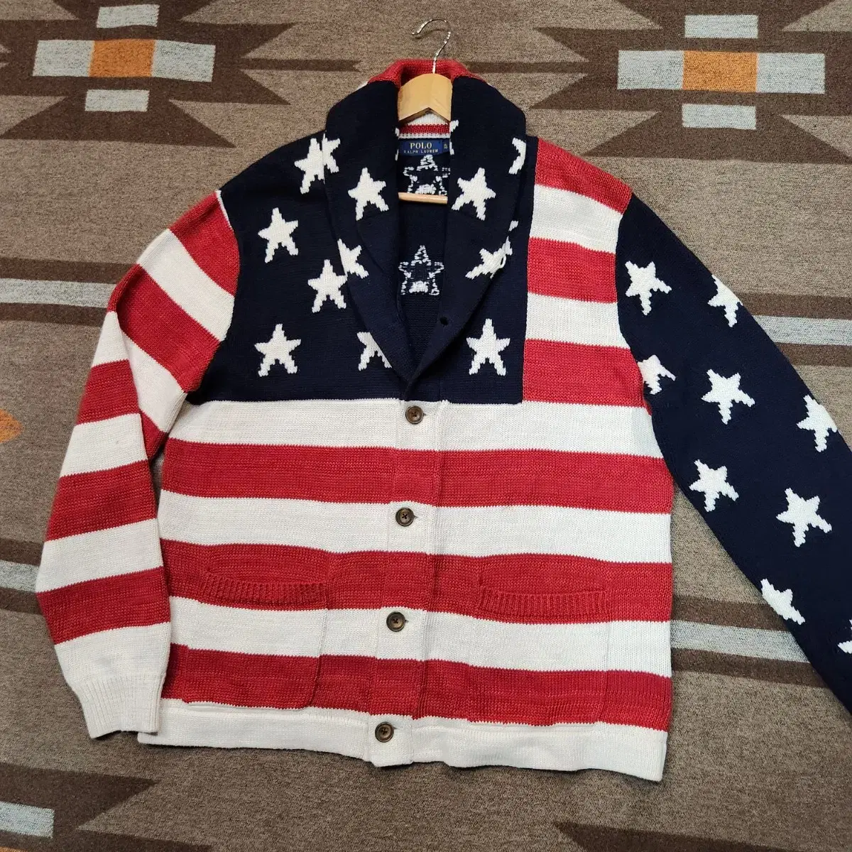 WEEKEND SALE)Polo Ralph Lauren Stars and Stripes Knit Cardigan XL Cashmere Cotton Silk