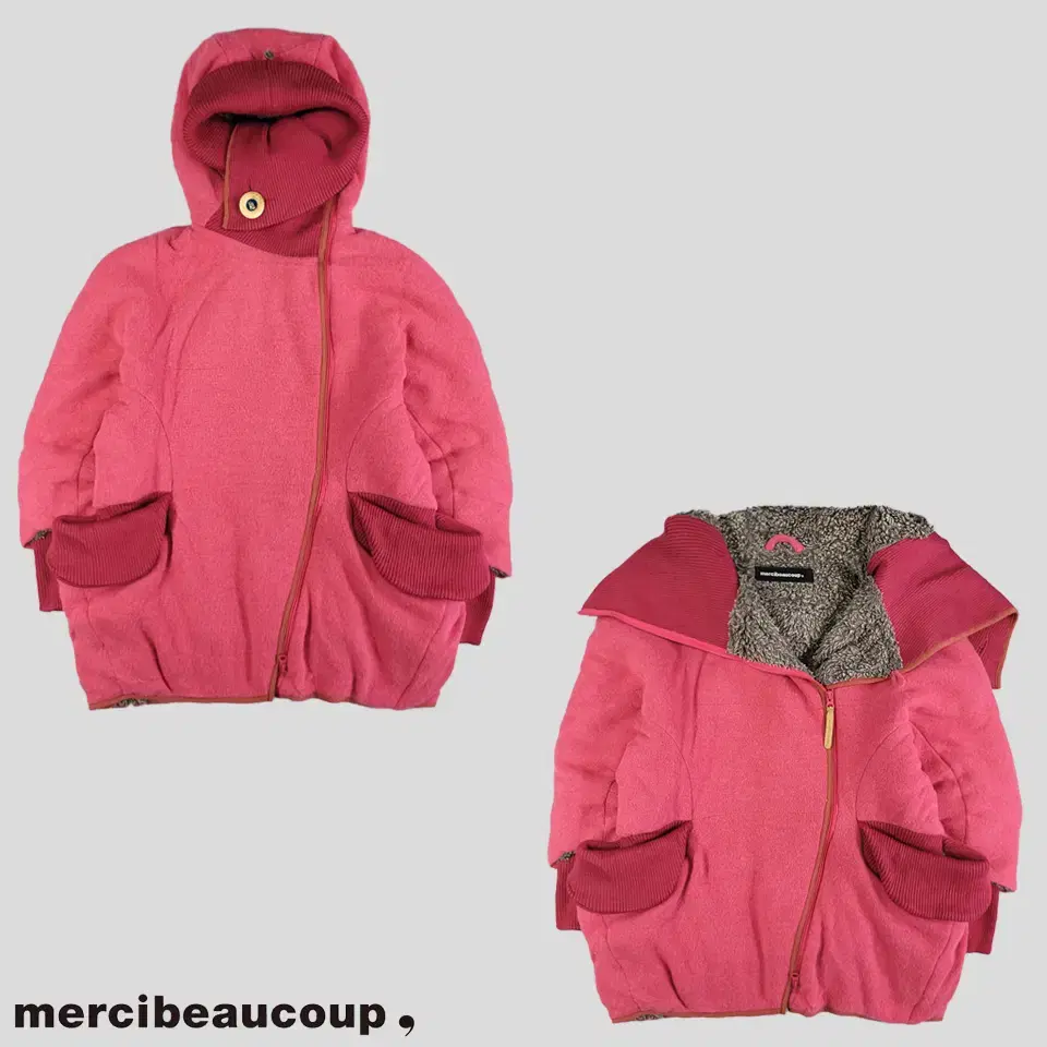 Merci Bocoux Pink Tonal Big Pocket Unbalance Two-Way Zip Inner Fleece Wool Blend Knitwear