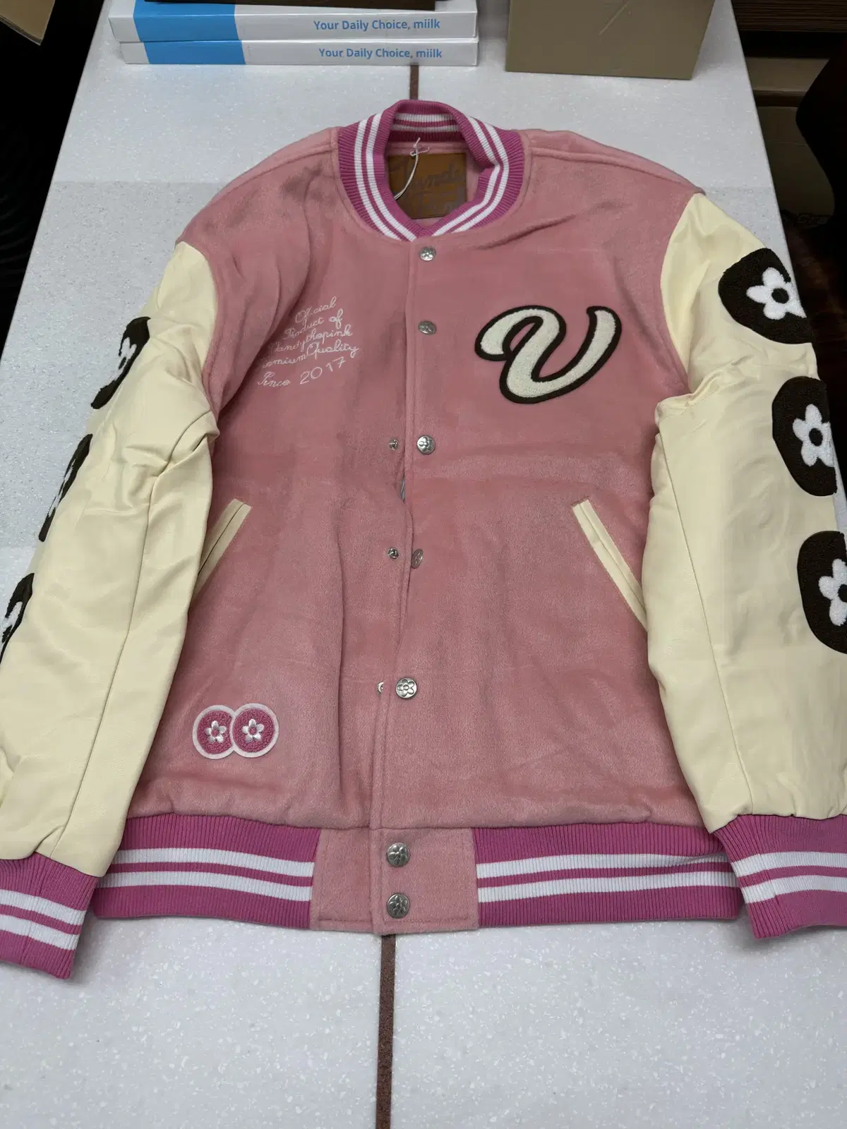 Vahn the Pink Sunday Varsity Jacket in Pink for sale in size XXL.