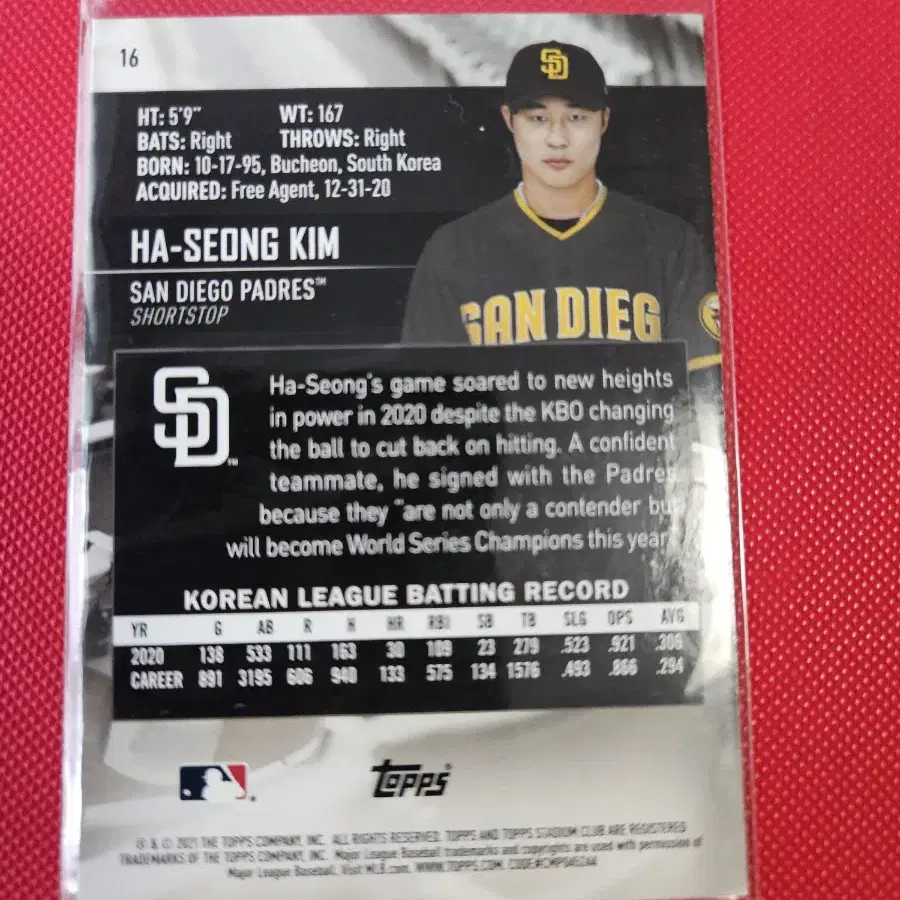 김하성 2021 Topps Stadium Club 루키 카드