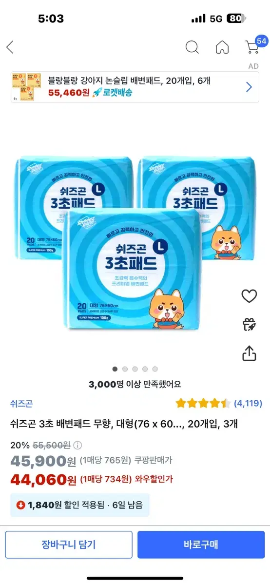 쉬즈곤 3초 배변패드 대형 3팩