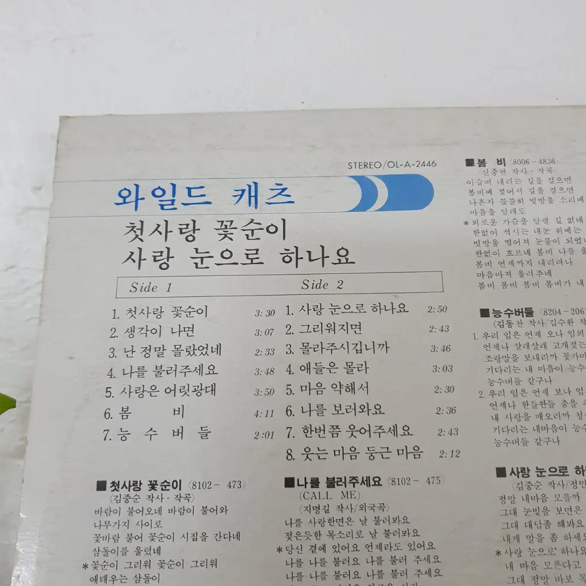 들고양이들  LP  1992  생각이나면  봄비   마음약해서  귀한음반