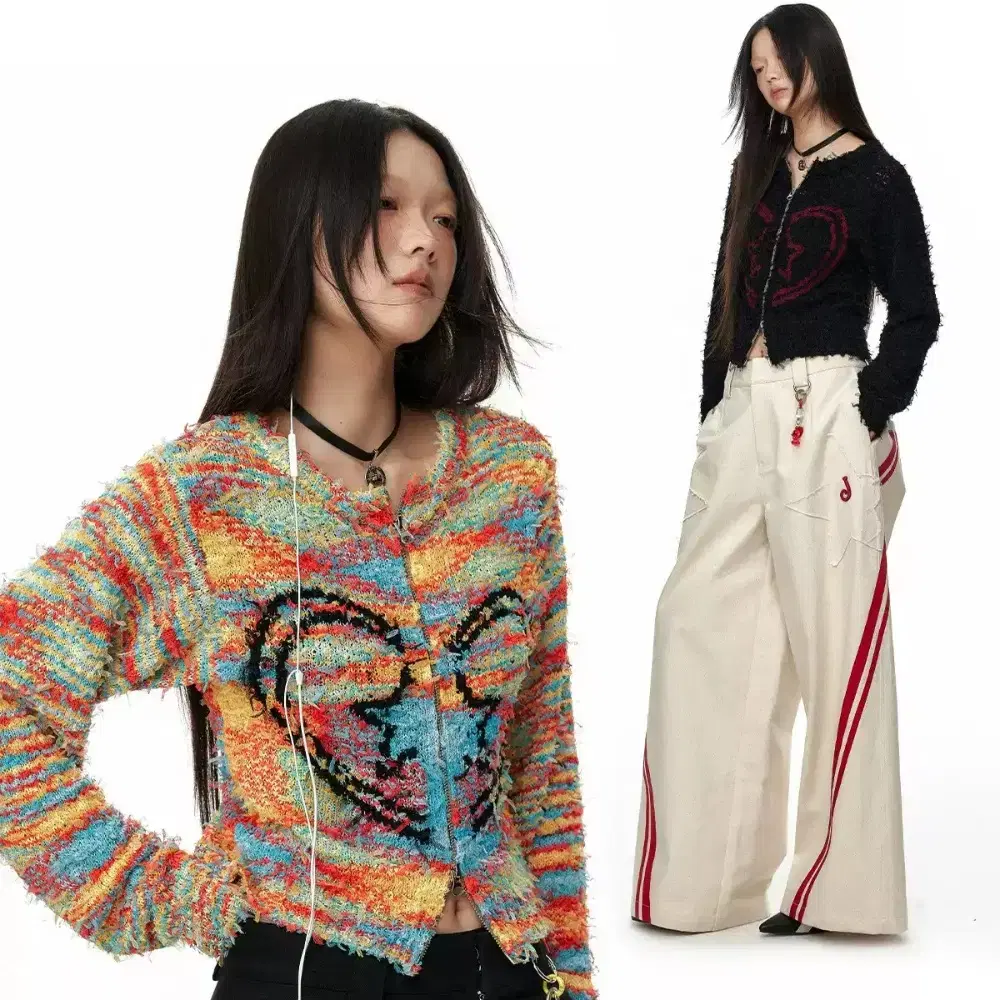 JIKOO Jiku Heart Star Double-Zip Zip-up Cropped Knit Cardigan