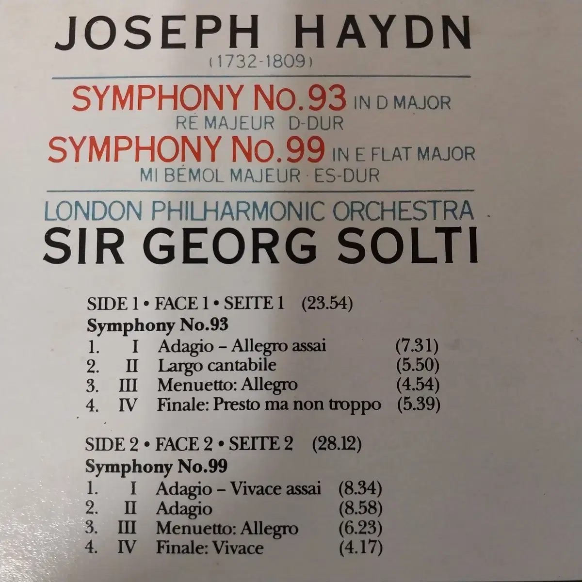 HAYDN SYMPHONIES 93&99 하이든교향곡LP