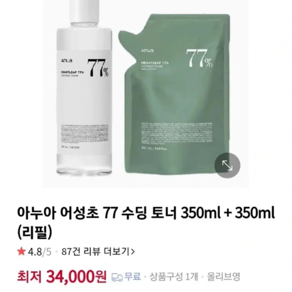 아누아 어성초 77 수딩토너 350ml+350ml리필