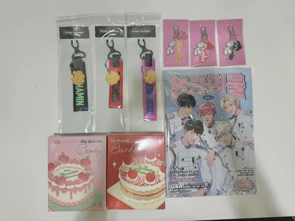 (Sold) plave Keyrings, Magazines, Birthday Kits