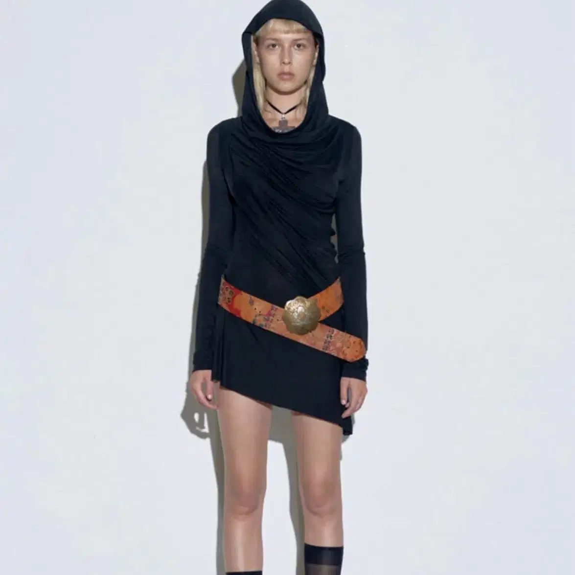 스컬프터 Two Way Draped Hoodie Washed black