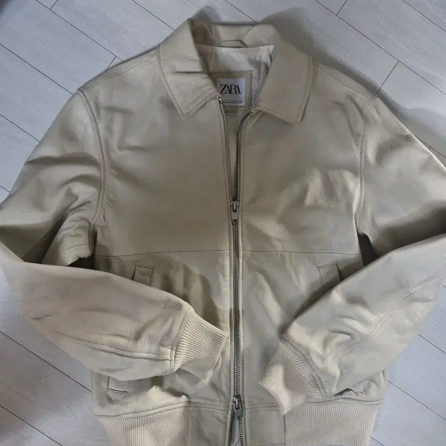 Zara Leather Bomber Jacket Cream