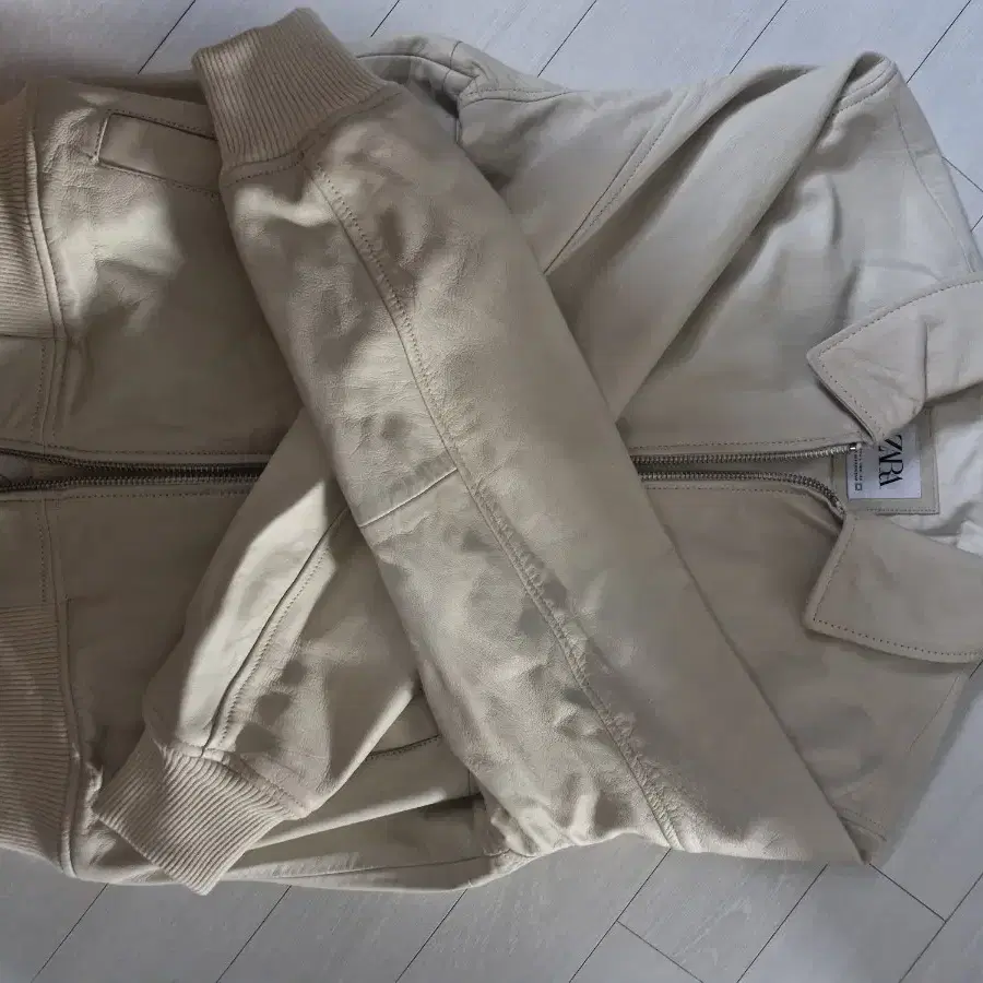 Zara Leather Bomber Jacket Cream