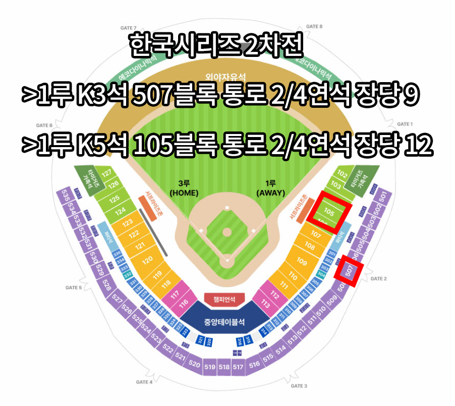 코시 한국시리즈 2차전 1루 K3 K5 2/4연석 통로 티켓