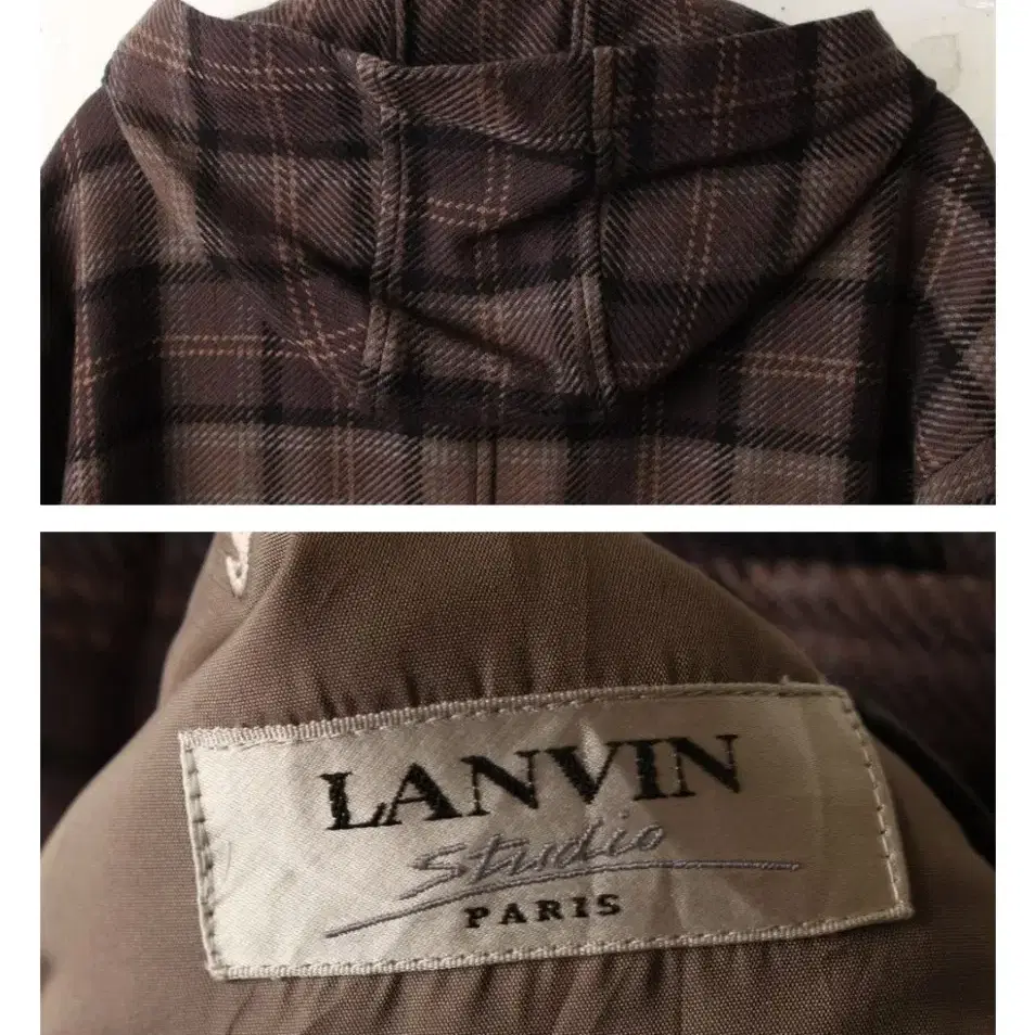 LANVIN 랑방 브라운 울 더블버튼 체크 후드 코트