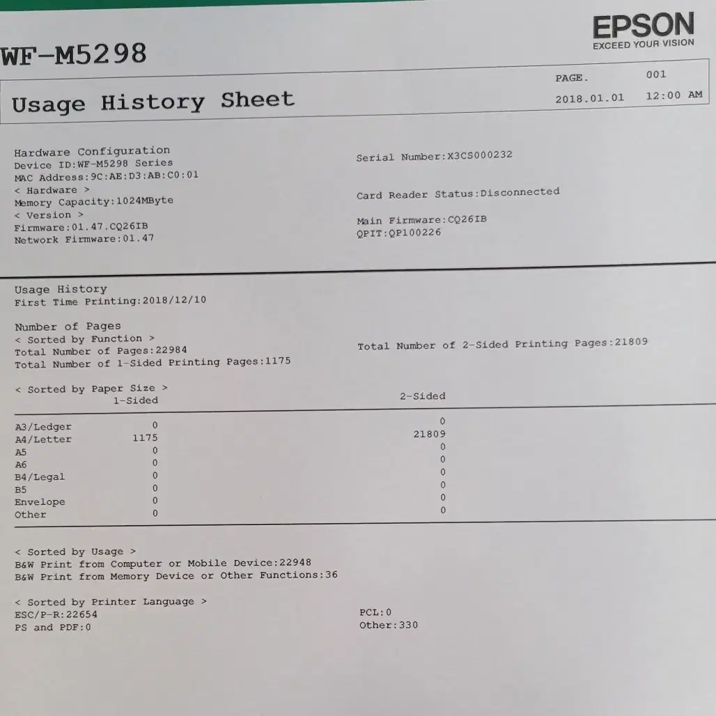 엡손무한잉크흑백프린터 WF-M5298 정품잉크사용