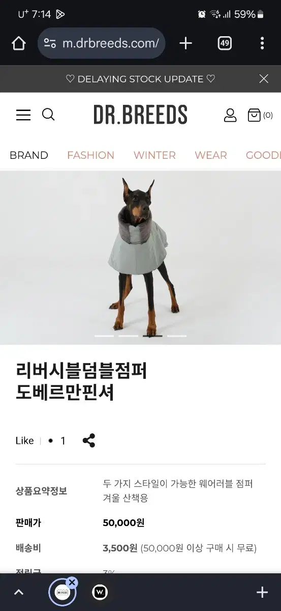 닥터 브리즈 리버시블 더블점퍼 대형견 패딩 L