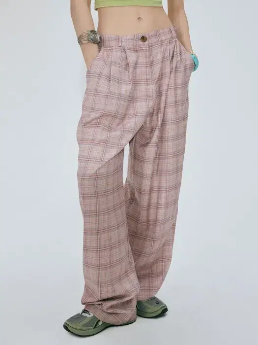 스컬프터 Check Pin Tuck Pants Pink 체크바지 핑크 S