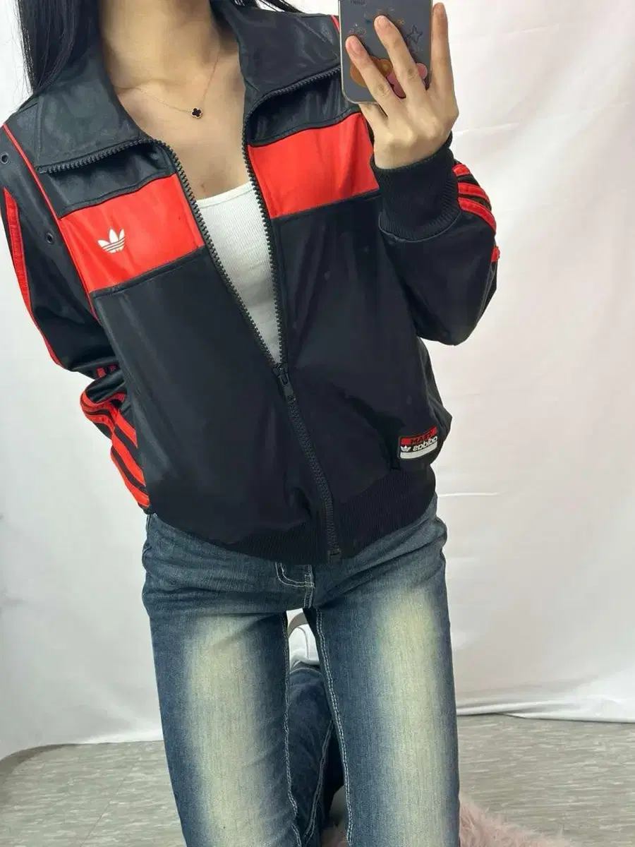 00s Adidas Firebird Black-and-Red Leather Jacket Rare Jersey