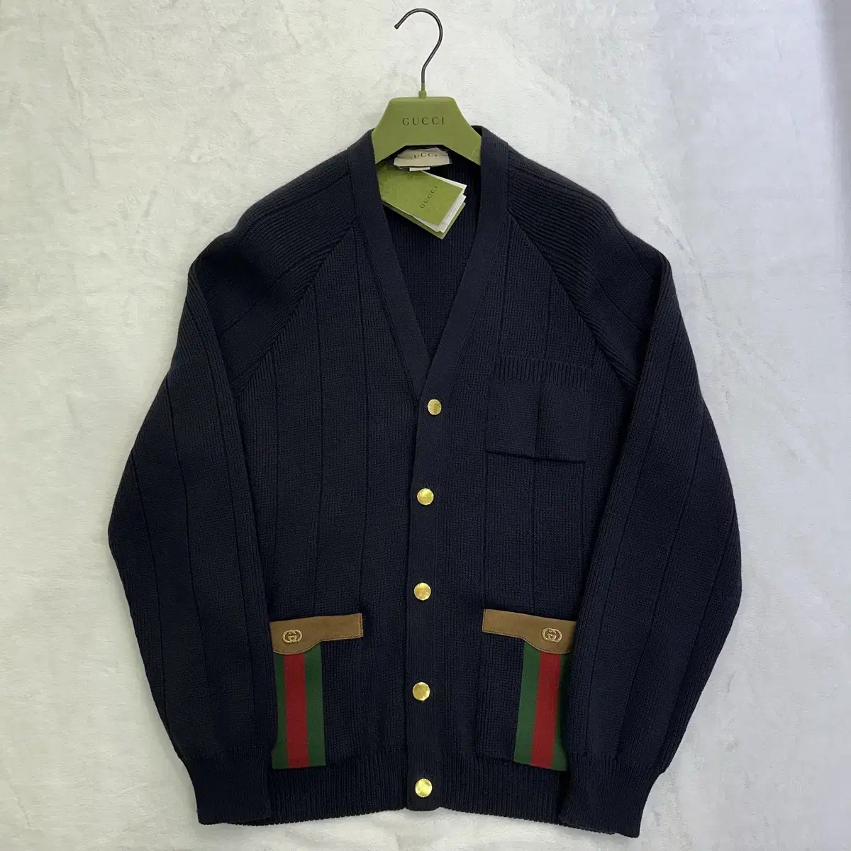 Genuine New Gucci Web Pocket Three-Wire Wool Cardigan