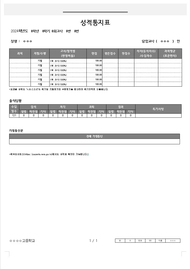 중간고사 성적표 양식 팝니다