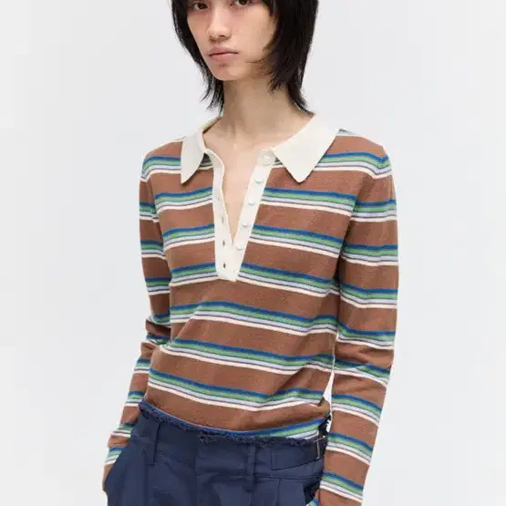 새상품) 플리즈프로젝트 STRIPE KNIT PK SHIRT, BROWN