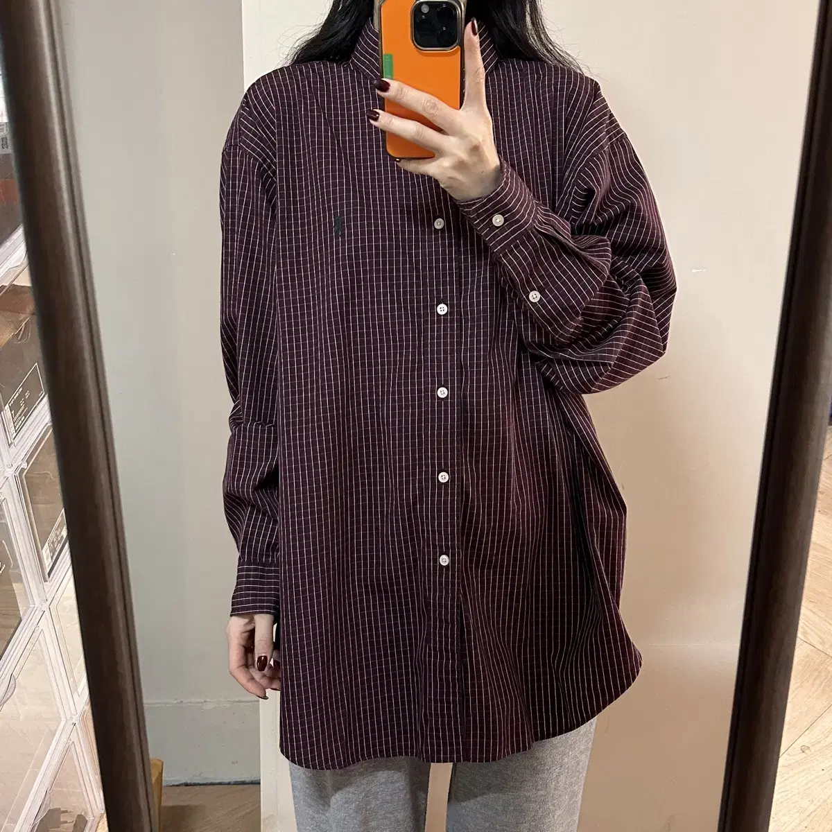 Polo check long-sleeved shirt burgundy L