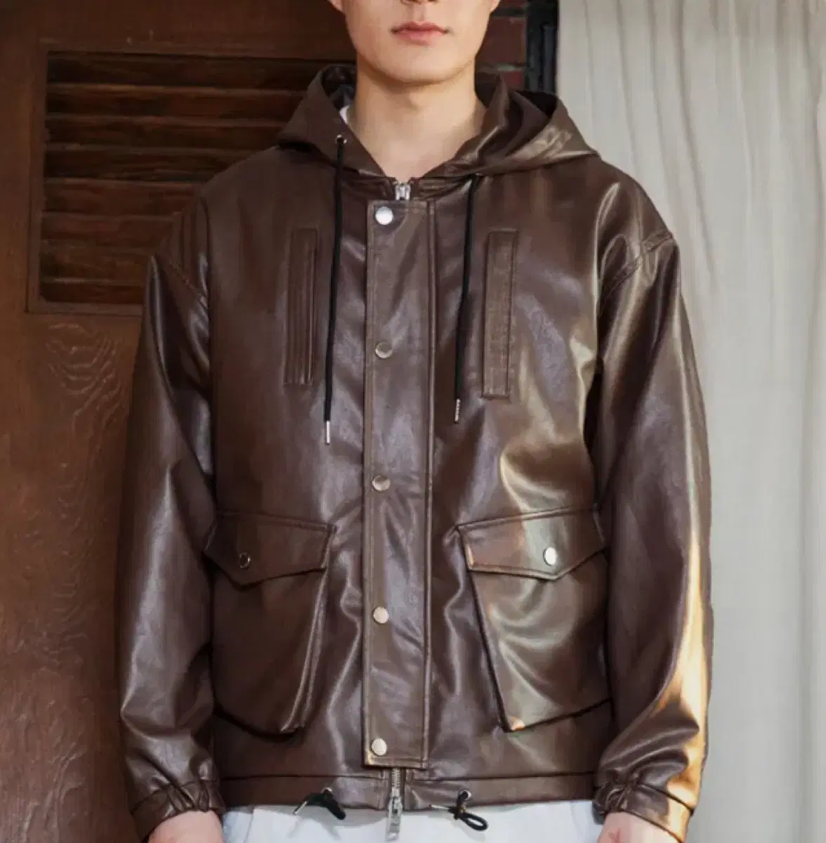 Exstones Brown Vegan Leather Hooded Jacket size M