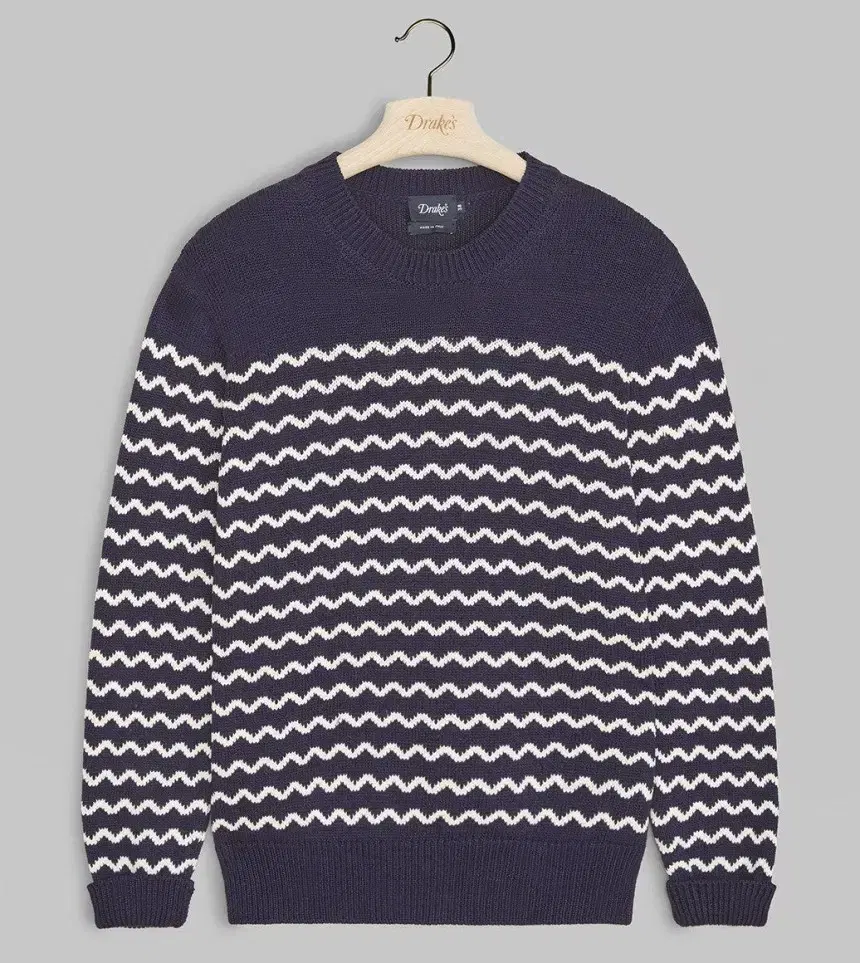 Drake's Drexel Navy and White Striped Crew Neck Jumper Sweater(M)