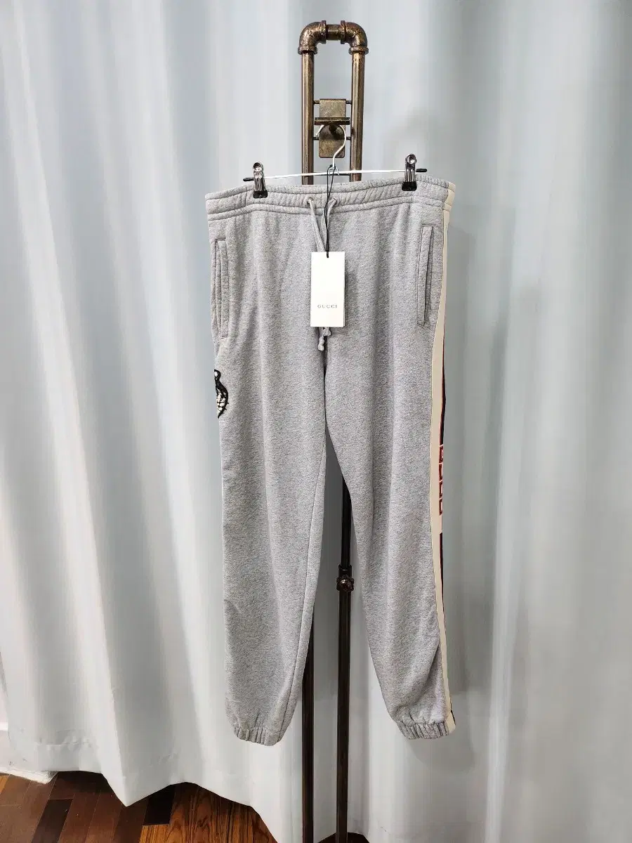 Gucci Tiger Embroidered Gray Striped Jogger Pants S