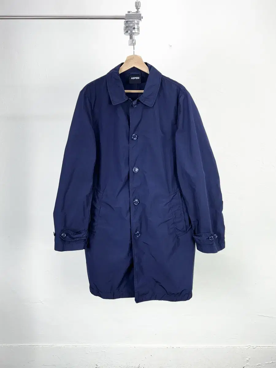 Aspesi Navy Nylon Button Long Jacket