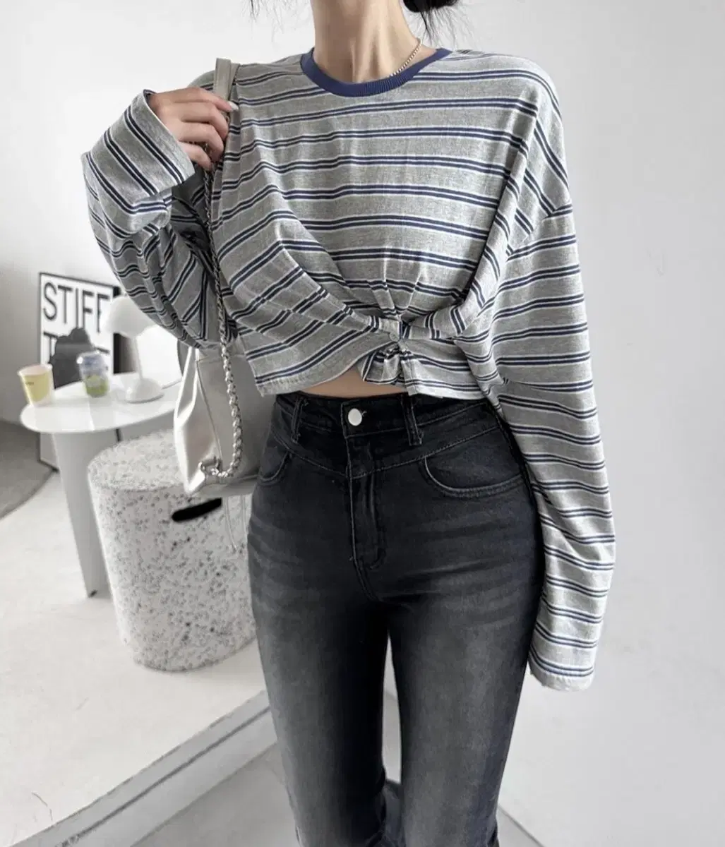 Basic Striped Fabric Button-Down Spandex Long-Sleeved T-Shirt