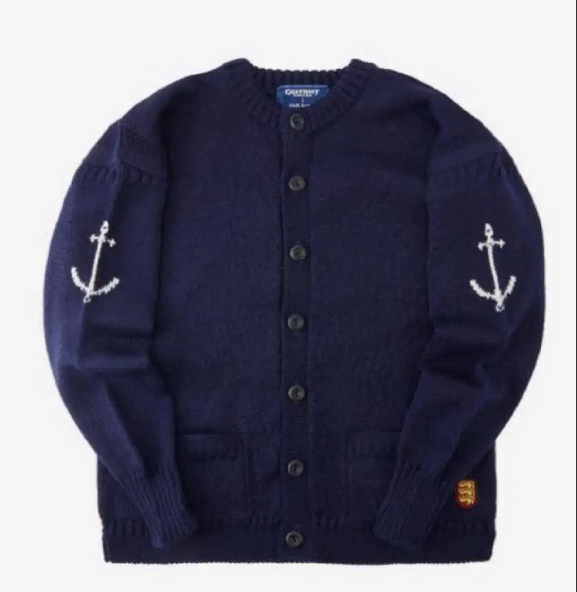 (42)Guernsey UlnsxOAM factory Double Anchor Fisherman Cardigan Navy