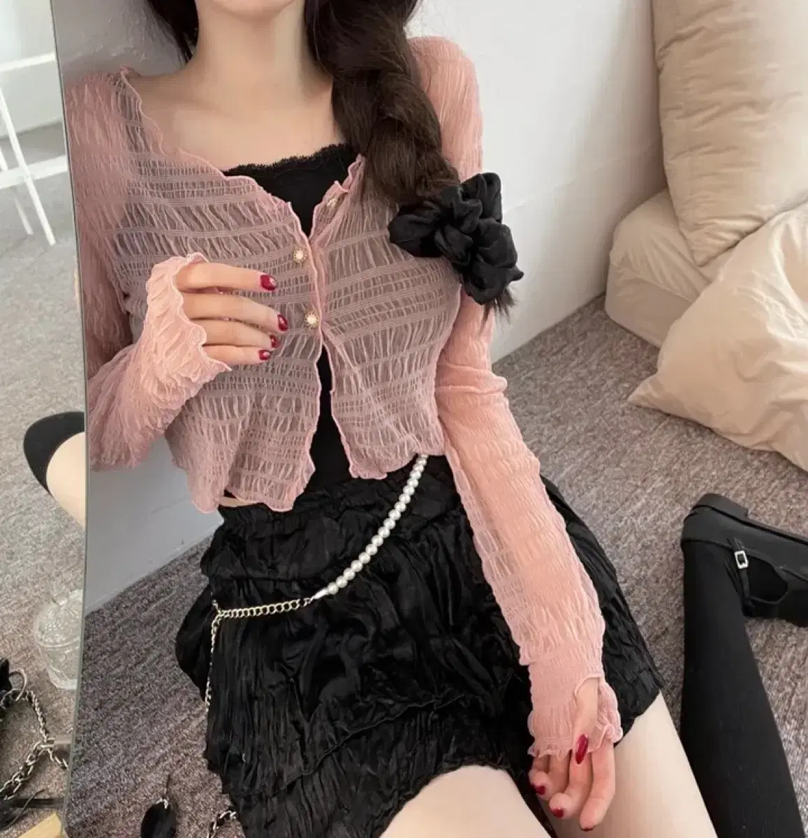 Ruffled lace pink cardigan