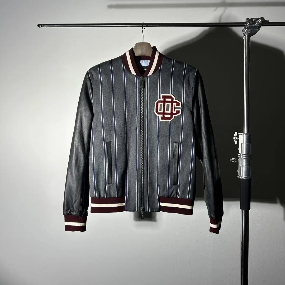 [UTC] Deconstructed Leather Sleeve Varsity Jacket