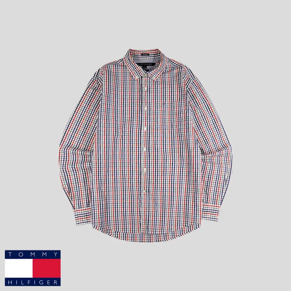 Tommy Hilfiger White Red Navy Check Tommy Logo Custom Fit Cotton100 Button Down