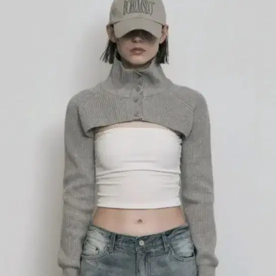 보헤미안서울 볼레로 그레이 HIGH NECK KNIT BOLERO CAR