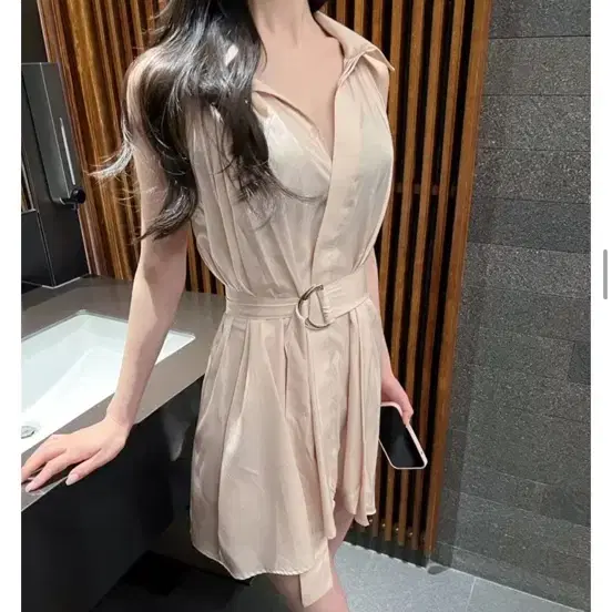 D링셔츠 랩 카라 미니원피스 핑크 새상품