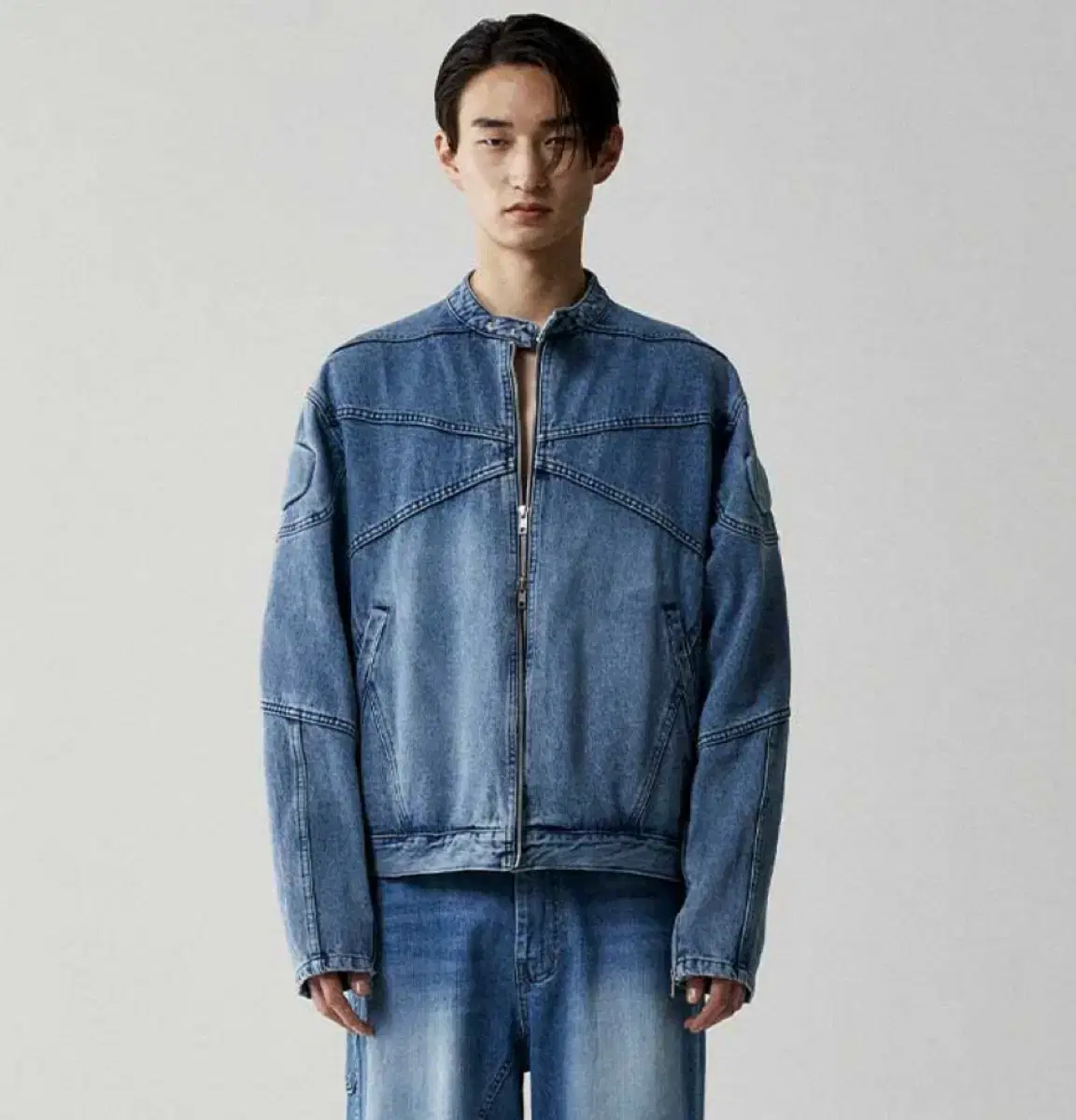 Remade- Embossed Rider Denim Jacket - Washed Indigo