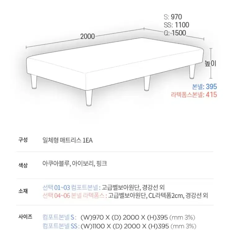 장인가구 일체형 라텍스폼 본넬 매트리스 ss 슈퍼싱글 침대 프레임