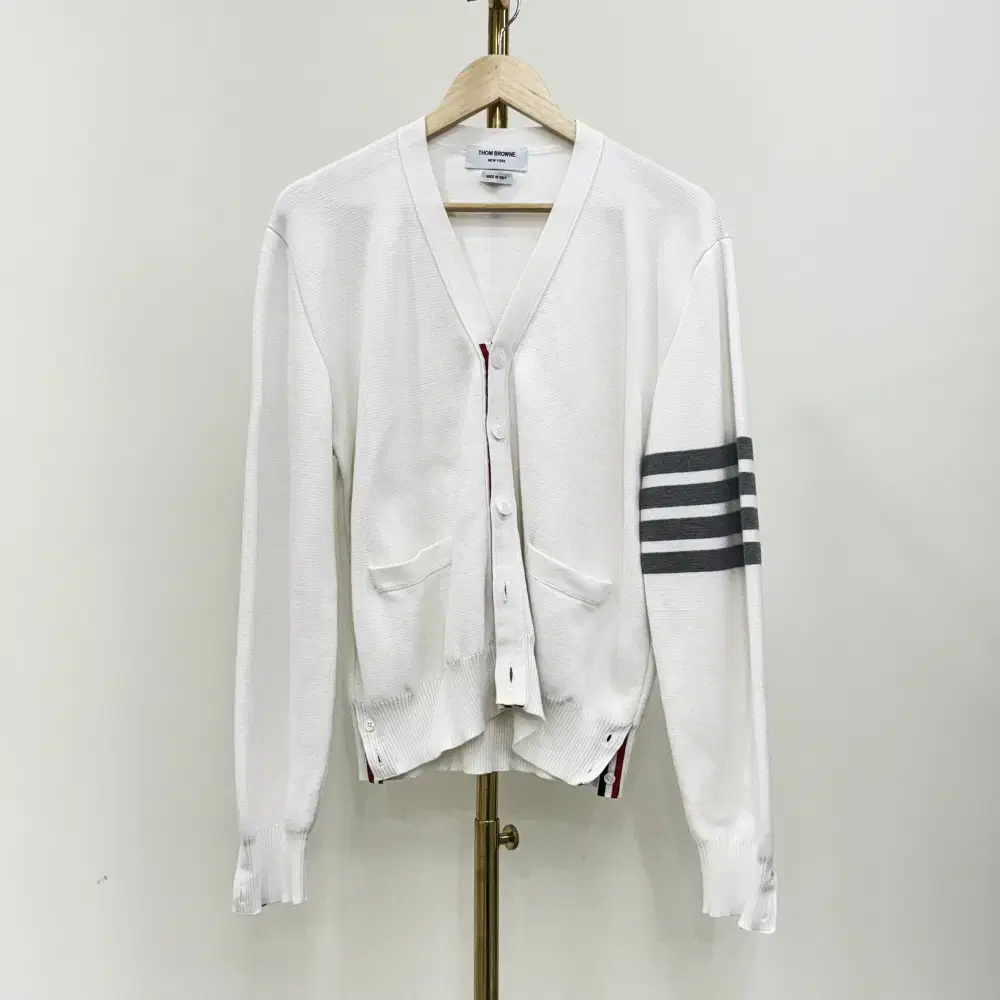 [2] Thom Browne 4-Bar Diagonal Armband Milano Stitched Wool Cardigan in White