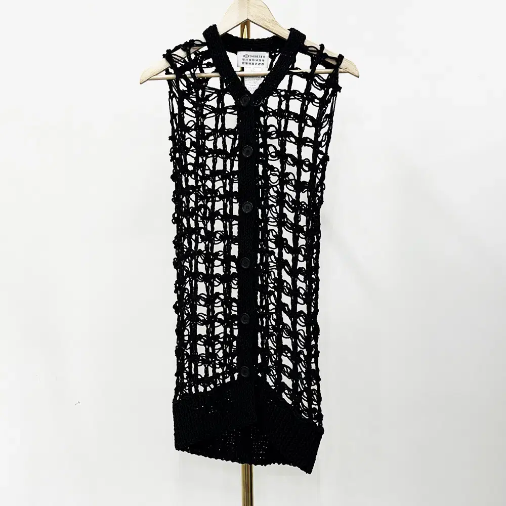 [33-55s] Maison Margiela Knitted Embroidered Mesh Long Vest Cardigan, Black