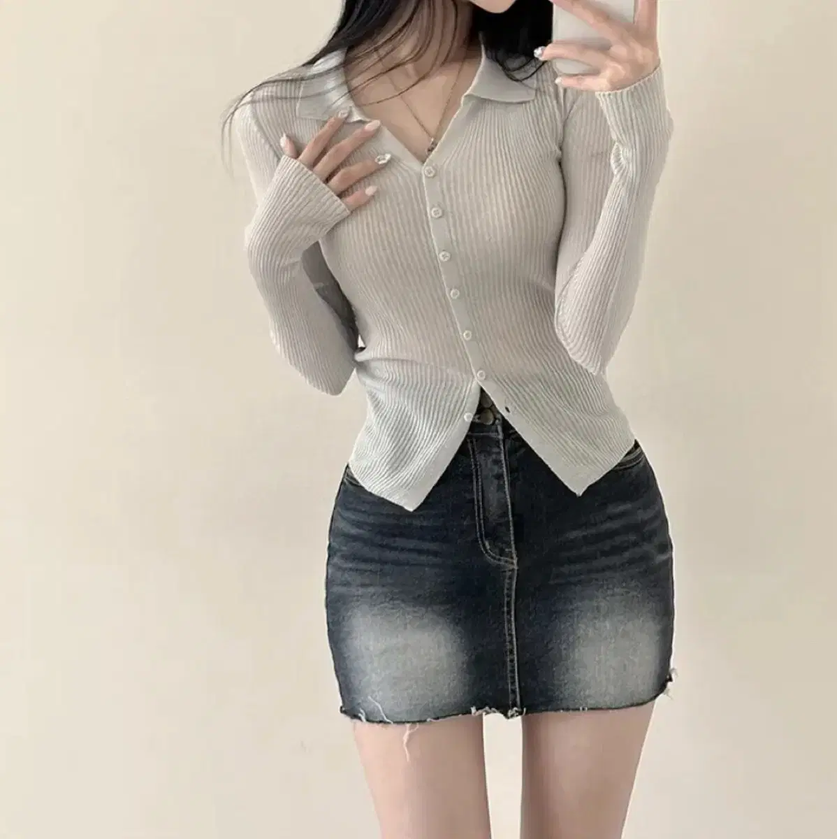 골지 카라 슬림 긴팔티 소라색