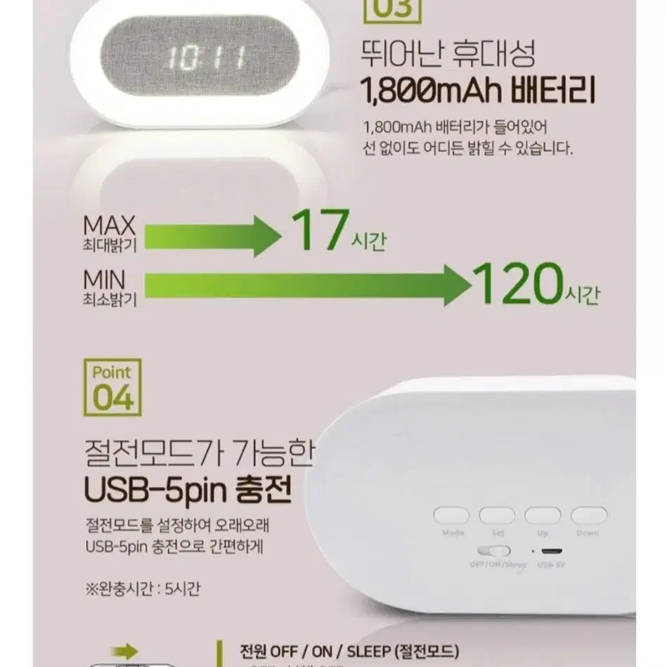 (새상품) PRISM 충전식 LED 알람용 무드램프 PM-820WH 17