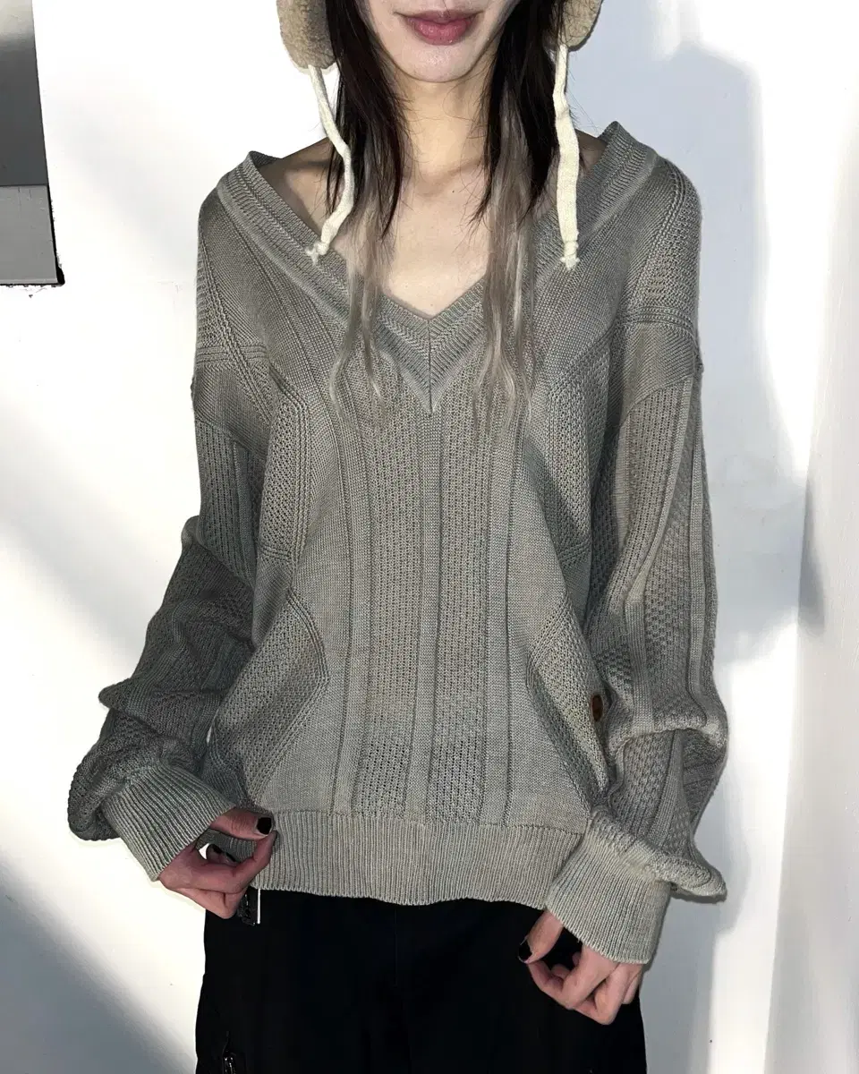 90s-00s LANCEL Paris Vintage V-neck loose-fitting cable knit