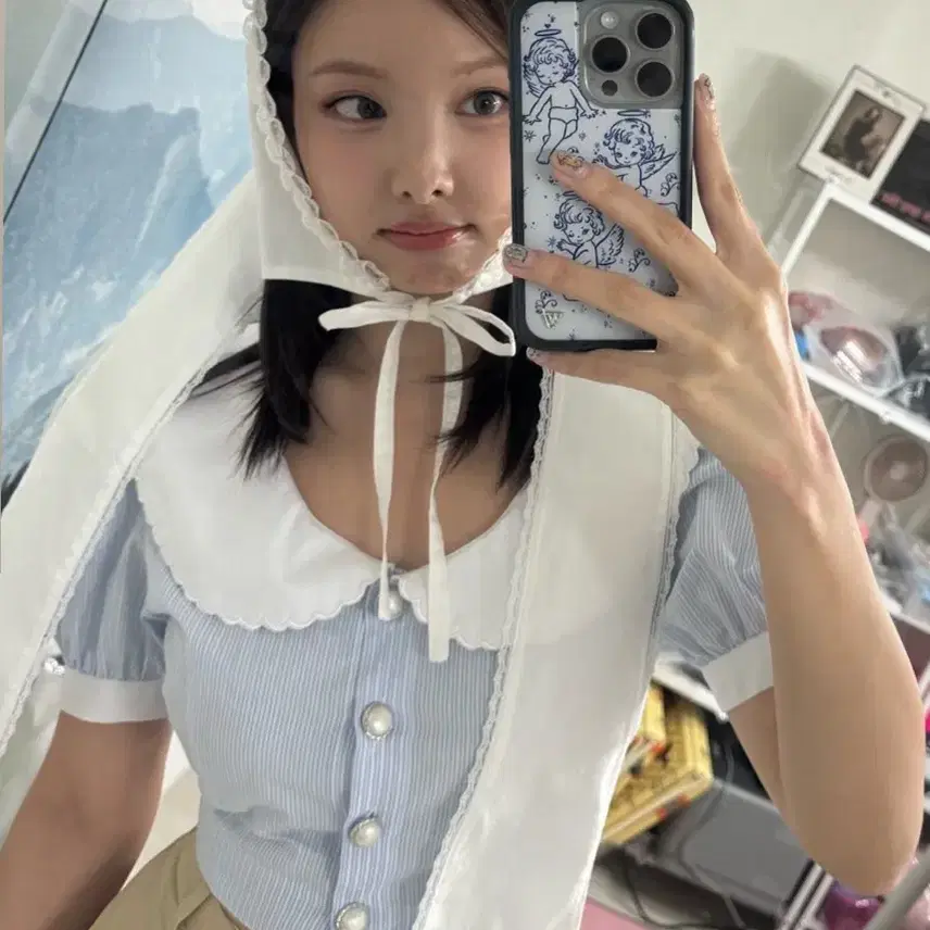 (나연 착용) Scallop Collar Stripe 블라우스 스카이블루