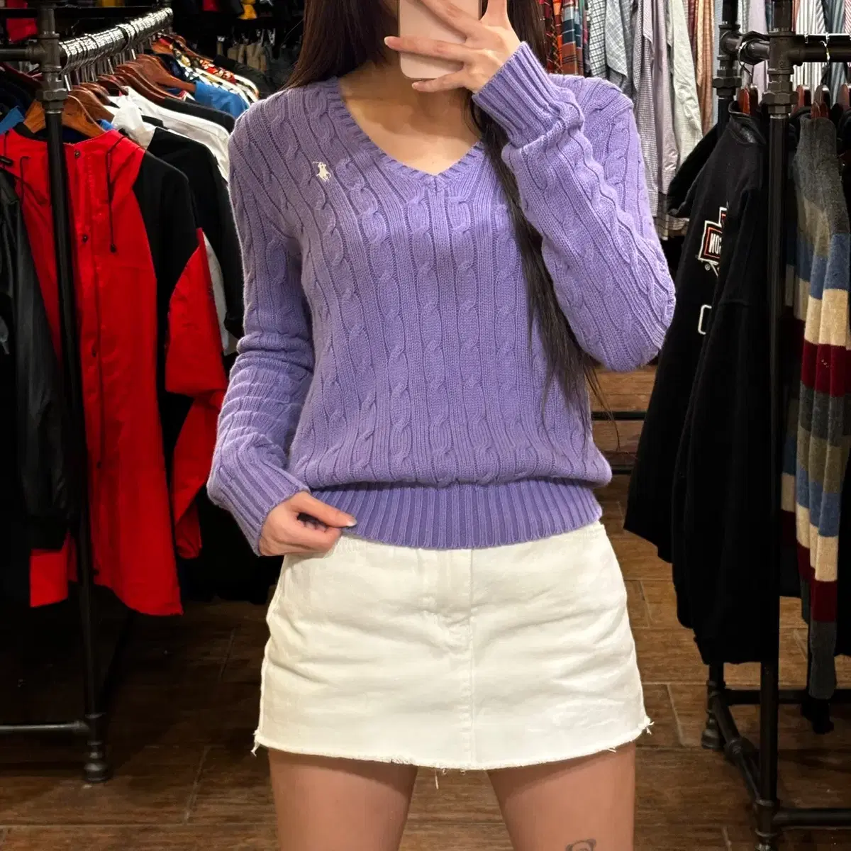 [HI] POLO Polo Ralph Lauren V-neck pretzel cable cropped knit purple S