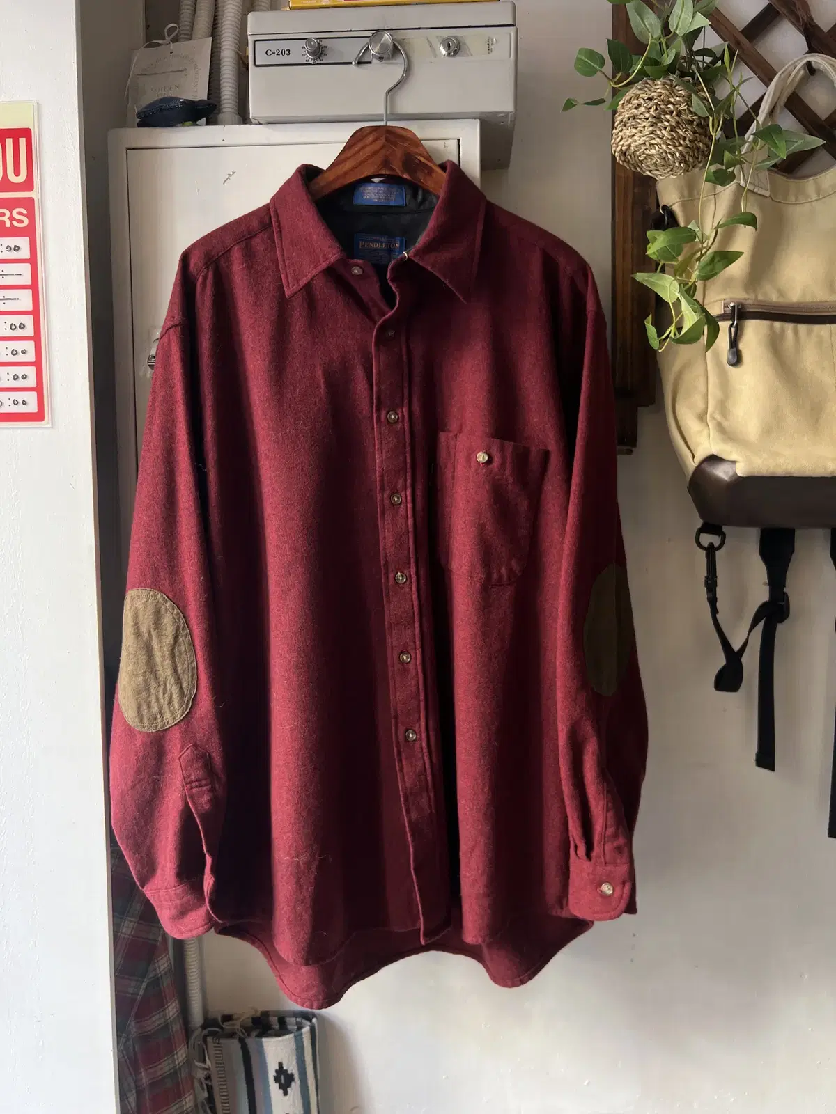 [XL]PENDLETON 싱글 포켓 엘보패치 버건디 울 셔츠