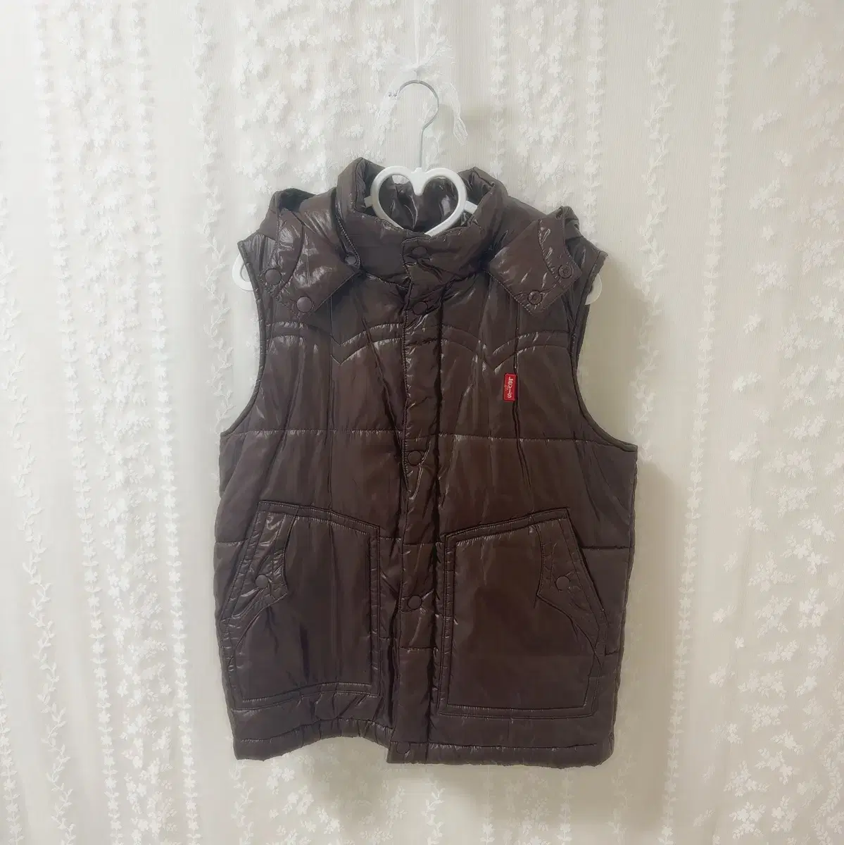 Levi's Glossy Padded Vest Brown Hooded Vest Y2K Red Tab Vintage