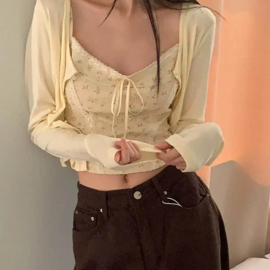 네비 루붓 레이스 나시 가디건 SET